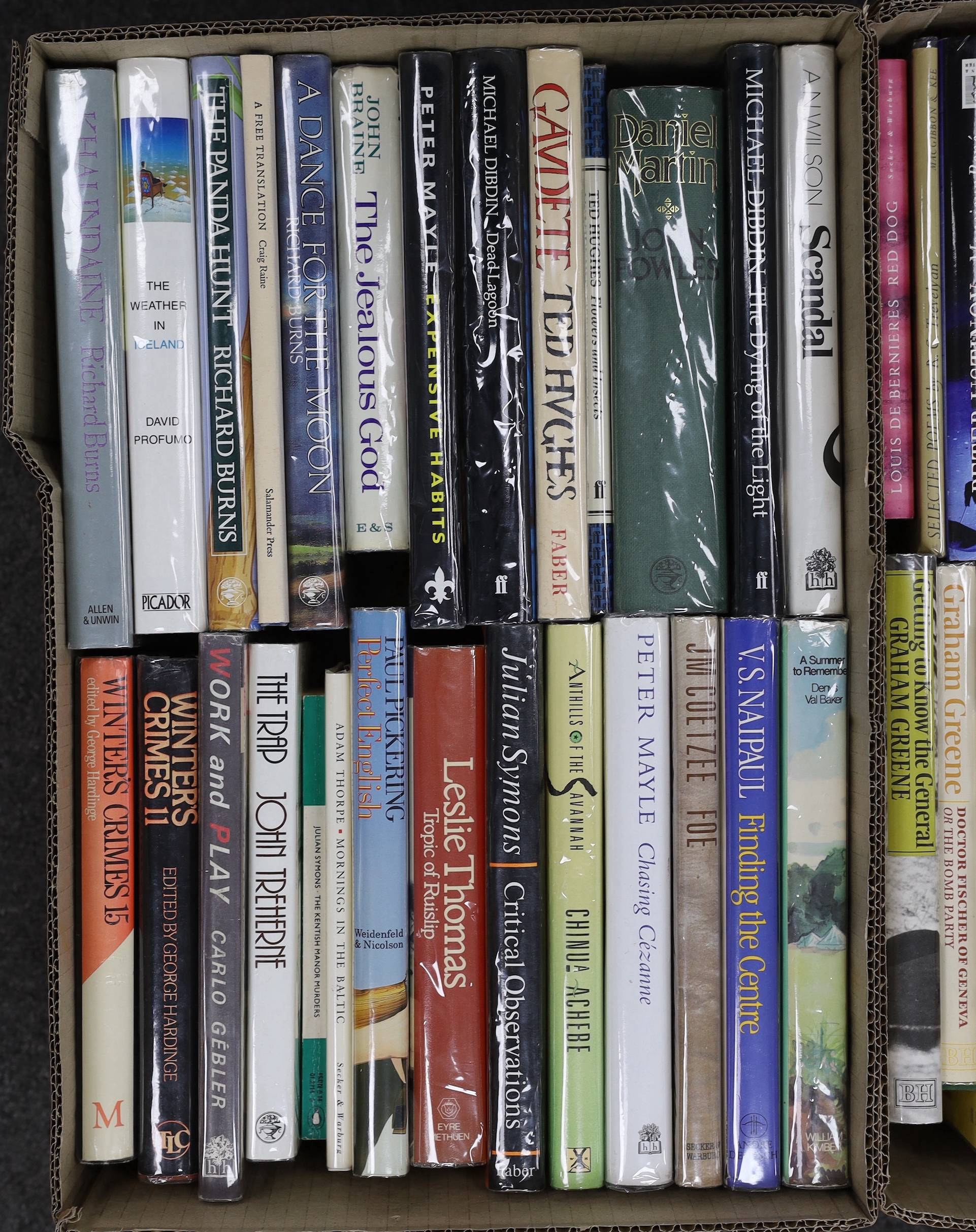 A large collection of modern first editions and literature, including books by Jeffrey Archer, John Braine, Richard Burns, J. M. Coetze, Michael Dibdin, John Fowles, Graham Greene, Joseph Heller, Peter Mayle, V. S. Naipa